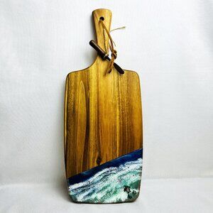 New Handmade Charcuterie Board Serving Tray Seascape Ocean Waves Epoxy Art 17"